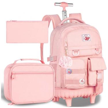 Imagem de Mochila de rodinhas CCJPX 3 em 1 rosa para notebook, com lancheira e estojo