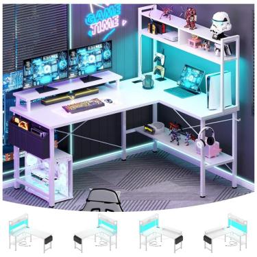 Imagem de Mesa Gamer L Aheaplus Branca com Tomadas Elétricas, Luz LED, Prateleiras Reversíveis e Suporte para Monitor, Modelo 124 cm.