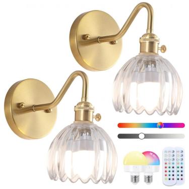 Imagem de Rnzziw Conjunto de 2 Arandela Vintage Recarregável com Controle Remoto RGB Dimável, Lâmpadas de Parede Sem Fio com Abajur de Vidro