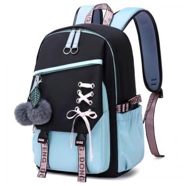 Imagem de Mochila FENGDONG azul para adolescentes, estilo kawaii com laço e pompom, para notebook até 15,6"