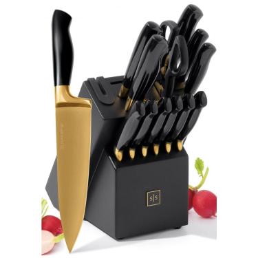 Imagem de Conjunto de Facas Revestidas de Titânio com Bloco de Bancada e Afiador Embutido, 14 Peças, STYLED SETTINGS, Preto e Dourado