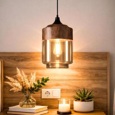 Imagem de Lustre Pendente 33cm Vidro Âmbar Metal Madeira Cilíndrico Luminária Te