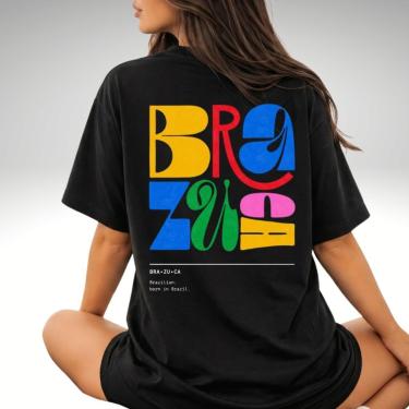 Imagem de Camiseta Oversized Feminina Brazuca Estampa Brasil Estilosa Confortável Academia 100 Algodão-Feminino