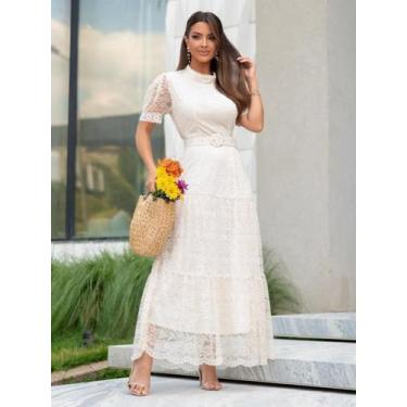 Imagem de Vestido Longo de Renda para Festa Gola Alta Manga Curta com Cinto Cor: