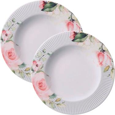 Imagem de Kit Jogo de Pratos Fundos para Sopa Ornatta 4 Peças Porcelana Floral para Uso Diário Branco