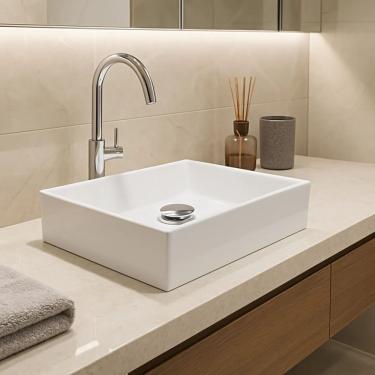 Imagem de Kit Cuba para Banheiro Modelo Rodes Retangular de Sobrepor Mármore Sintético com Válvula Click Inteligente Inox