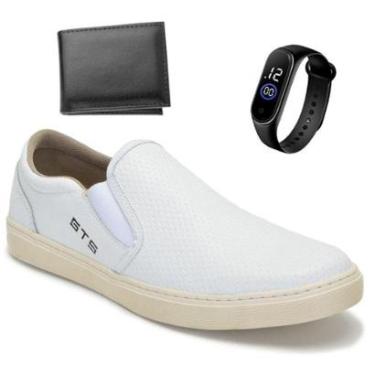 Imagem de Kit Slip On Masculino Couro Tênis Iate Sapatênis Sem Cadarço Calce Fácil + Relógio + Ca...