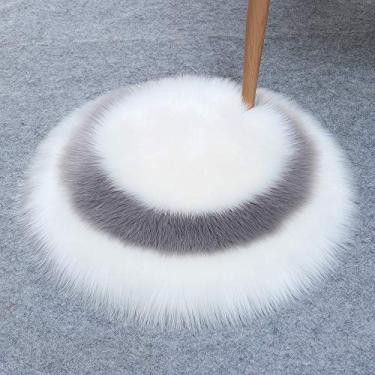 Imagem de Tapetes redondos falsos, tapete macio de pelo longo, padrão circular, antiderrapante, lavável para sala de estar, quarto, escritório, banheiro, varanda, sofá infantil, almofada para pés, branco, cinza