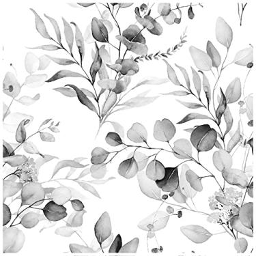 Imagem de HAOKHOME Papel de parede Peel and Stick Boho preto/cinza/branco folha de eucalipto floral mural de parede casa berçário boho papel de contato 45 cm x 3 m