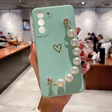 Imagem de Capa compatível com Samsung A52 5G/4G de silicone macio TPU Love Heart Case com pulseira de pérolas elegante, capa protetora bonita e brilhante para iPhone Xs Max, para grelhas femininas, ciano claro