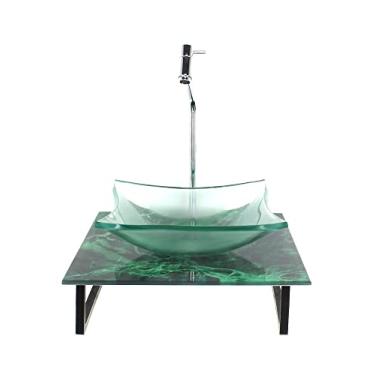 Imagem de KIT CUBA DE VIDRO QUADRADA 10MM INCOLOR COM TAMPO DE VIDRO 40CM X 40CM MÁRMORE VERDE E SUPORTE TORNEIRA VALVULA