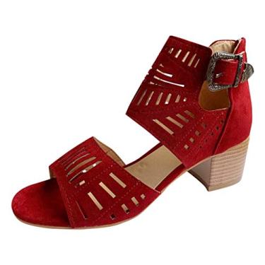 Imagem de Sandálias femininas altas moda peep senhoras casual fivela sólida salto dedo do pé feminino sandálias anabela tamanho 5, Vinho, 8
