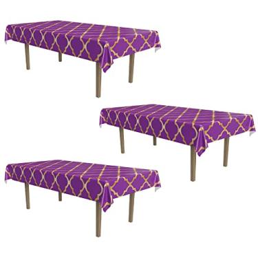 Imagem de Beistle 3 peças de plástico retangulares de treliça para decoração e suprimentos de festa tema Mardi Gras, 137,16 x 274,32 cm, roxo/dourado