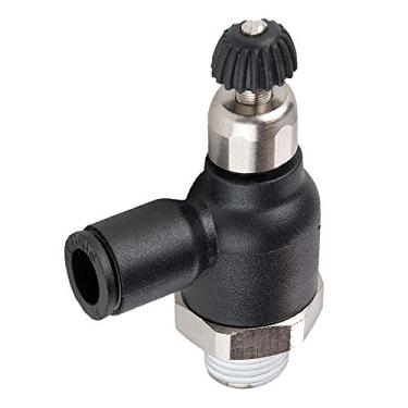 Imagem de Parker FCCB731-8M-2R Regulador de controle de fluxo, tubo a tubo, composto, empurrar para conectar e macho BSPP compacto ângulo reto, 8 mm e 1/8"