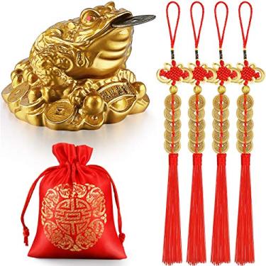 Imagem de Feng Shui Dinheiro Sapo Moeda Chinesa Dinheiro Sapo Três Pernas com Moeda, 4 Peças Moedas da Sorte Nó Chinês Feng Shui Borla Vermelha Moeda da Fortuna, Saco de Bênção Vermelha para Atrair Sucesso de Riqueza