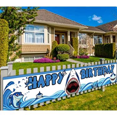 Imagem de Banner de festa de aniversário de tubarão grande, decorações de festa de tubarão, decorações de festa de aniversário de oceano azul, decorações de festa de aniversário de chá de bebê (3 x 0,4 m)