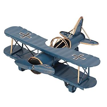 Imagem de Artesanato de aeronaves de ferro retrô, modelo de biplano grande de 8,3 polegadas modelo de avião vintage biplano de aeronaves de ferro forjado para decoração (Blue)