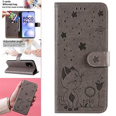 Imagem de Capas de telefone de abelha de gato em relevo compatíveis com Xiaomi Poco M4 5G Poco M5 4G Capa de couro de luxo slots para cartão de visita clipe de carteira capas à prova de choque (cinza, Xiaomi Poco M5 4G)