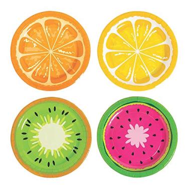 Imagem de Fun Express – Prato de sobremesa de frutas Tutti Frutti – Pratos de sobremesa descartáveis – Laranja, limão, kiwi, melancia, pratos e tigelas para festas de aniversário – 8 peças
