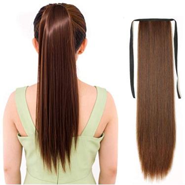 Imagem de Cabelo longo e reto com rabo de cavalo agrupado sem costura amarrar falso rabo de cavalo castanho claro de 18 polegadas