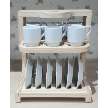 Imagem de Jogo 6 Xicaras Café hotel 80ml Empilháveis c/ pires e suporte pinus coração - Kit Porce...