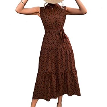 Imagem de Tbest Vestidos, Vestido Estampado de Bolinhas Com Cinto Sem Mangas Gola Midi Comprimento Cintura Alta Vestido de Verão Feminino Verde XL (S)