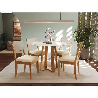 Imagem de conjunto de mesa de jantar redonda com tampo de vidro off white 105 cm e 4 cadeiras premium veludo bege e carvalho