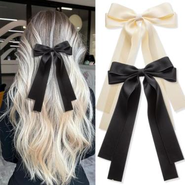 Imagem de Conjunto de fitas e presilhas de cabelo grandes - 2 fitas de laço, laços de cabelo, grampos de cabelo (bege preto)