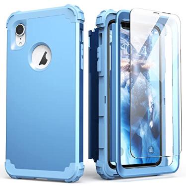 Imagem de Capa para iPhone XR, capa para iPhone XR com protetor de tela (vidro temperado), IDweel 3 em 1 à prova de choque slim fit híbrido resistente capa de policarbonato rígido de silicone macio capa de corpo inteiro pára-choques azul paz