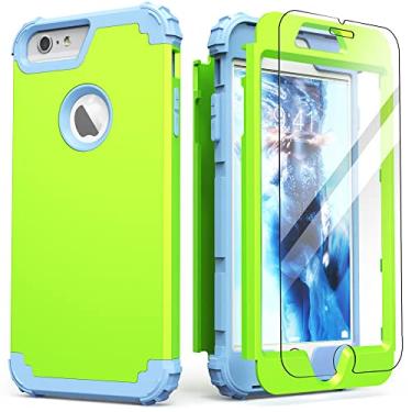 Imagem de IDweel Capa para iPhone 6S Plus com protetor de tela (vidro temperado), capa para iPhone 6 Plus, capa 3 em 1 à prova de choque, fina, híbrida, rígida, rígida, amortecedora de silicone macio, capa de corpo inteiro, verde grama/azul claro