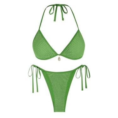 Imagem de ZAFUL Biquíni feminino moderno frente única sexy triangular, conjunto de biquíni com cordão arrastão de 2 peças, 1 malha verde claro, G