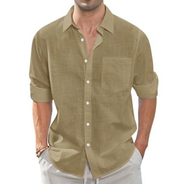 Imagem de J.VER Camisa masculina de linho casual abotoada manga longa gola lisa camisa de praia de verão com bolso, Cáqui escuro, M