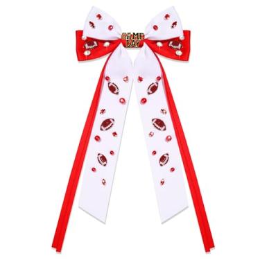 Imagem de Laços de cabelo de futebol para mulheres dia de jogo acessórios de futebol roupas strass enfeitados grandes laços de cabelo cetim fitas de cabelo branco vermelho futebol torcer laços espírito campo