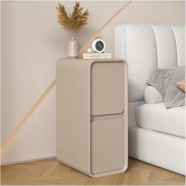 Imagem de Mesa de cabeceira estreita com gaveta de armazenamento Mesa de cabeceira moderna de madeira maciça, armário pequeno e fino para quarto, sala de estar, sofá, cáqui, 25 cm