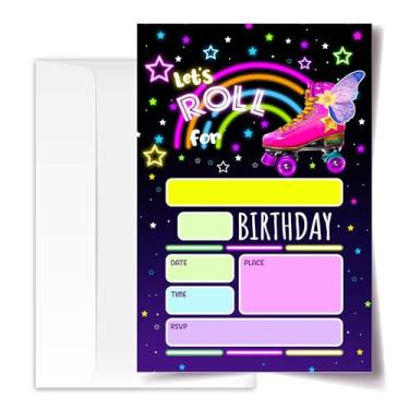 Imagem de Convite de aniversário de patins 4x6, convites de festa, lembrancinhas de festa neon brilhante, decorações de festa de patins, convites de aniversário infantil, 20 cartões com 20 envelopes. (45) (rolo