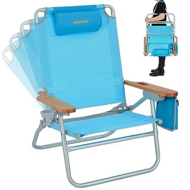 Imagem de #WEJOY Cadeira de praia grande 4 ajustável, mochila dobrável cadeiras de praia para cadeira de assento baixa portátil adulto com alça de transporte Apoio de braço de madeira para piquenique de cinema de festival, 136 kg