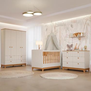 Imagem de Quarto Bebê Completo Berço Americano Cômoda Guarda Roupas Off White/nature
