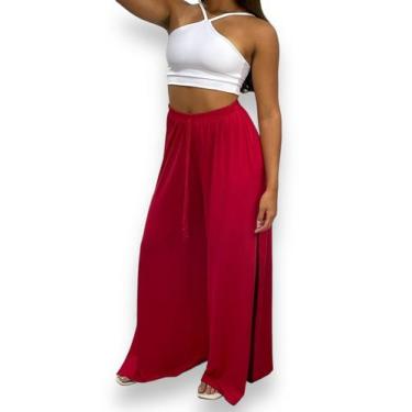 Imagem de Calça Pantalona Feminina com Fenda Lateral Cintura Alta Viscolycra - U