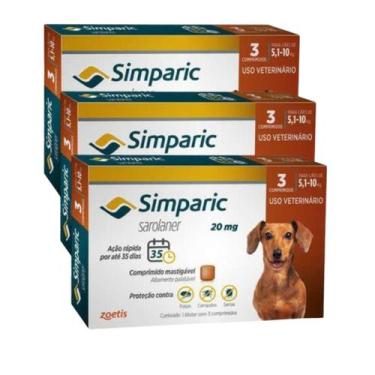 Imagem de Kit 3x Simparic antipulgas para Cães de 5,1 a 10Kg - 20mg - cx com 3 c
