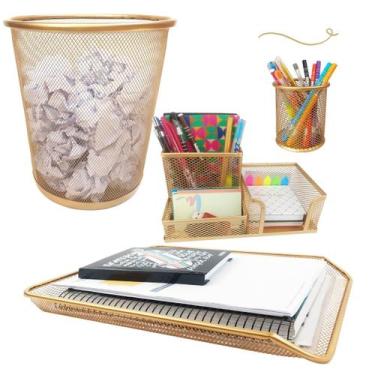 Imagem de Kit Escritório Lixeira Organizador de Mesa Bandeja Organizadora Porta 