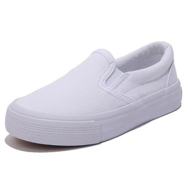 Imagem de OPOEE Sapatos de lona infantis para meninos e meninas, tênis de cano baixo, sapatos brancos para começar a temporada escolar, sapatos modernos de skate para crianças pequenas e grandes, Branco, 9.5