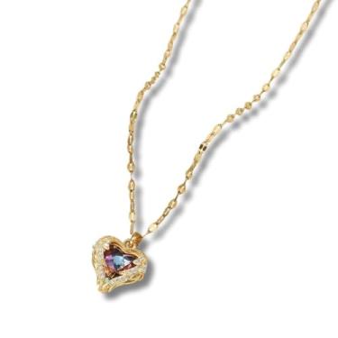 Imagem de Colar Feminino "Classic Colors" Coração Cravejado Multicor Folheado Ouro 18k, Corrente Veneziana 45cm – Acompanha Bolsa de Veludo