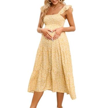 Imagem de KOJOOIN Vestido feminino de maternidade verão sem mangas franzido decote quadrado plissado casual boho vestido midi chá de bebê sessão de fotos, Amarelo floral - 1, P