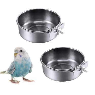 Imagem de Kathson Pacote com 2 copos de alimentação de pássaros com suporte de grampo, tigela para pendurar em gaiolas de água e comedouro de copa de aço inoxidável para paraquedas e coquetéis Conure Budgies Lovebird Finch