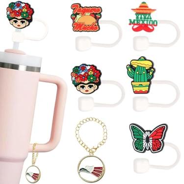 Imagem de Capa de canudo mexicana compatível com Stanley Tumbler - 5 peças de capa de canudo de silicone e 1 peça de acessórios de copo de charme fofo - Topper de canudo reutilizável mexicano decorações
