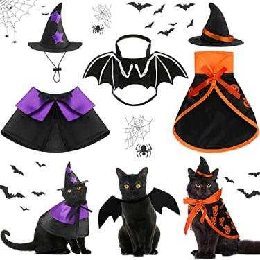Imagem de 5 peças fantasia de gato Halloween asas de morcego capa de bruxa chapéu de bruxo conjunto de fantasia de animal de estimação fantasia de vampiro animal de estimação capa chapéu de bruxa fantasia de