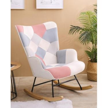 Imagem de LifeSky Cadeira de balanço moderna e confortável – Cadeiras planadoras de retalhos de tecido de linho – Cadeira basculante para quarto sala de estar rosa