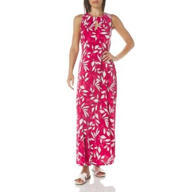 Imagem de London Times Sem mangas, gola joia, plissada, maxi plus size, vestidos de verão para mulheres, Vinho/Framboesa, 38