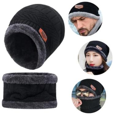 Imagem de Touca Cachecol Forrada Lã Frio Inverno Unissex Gorro Echarpe Cor Preto Desenho Do Tecido Lisa Tamanho Único