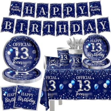 Imagem de GREHUMOR 142Pcs 13Th Birthday Tableware Decorations Para Meninos Sliver Blue Happy 13 Birthday Party Supplies Toalha De Mesa Descartável, Pratos, Guardanapos, Copos, Garfos E Facas Para Meninos 13Th